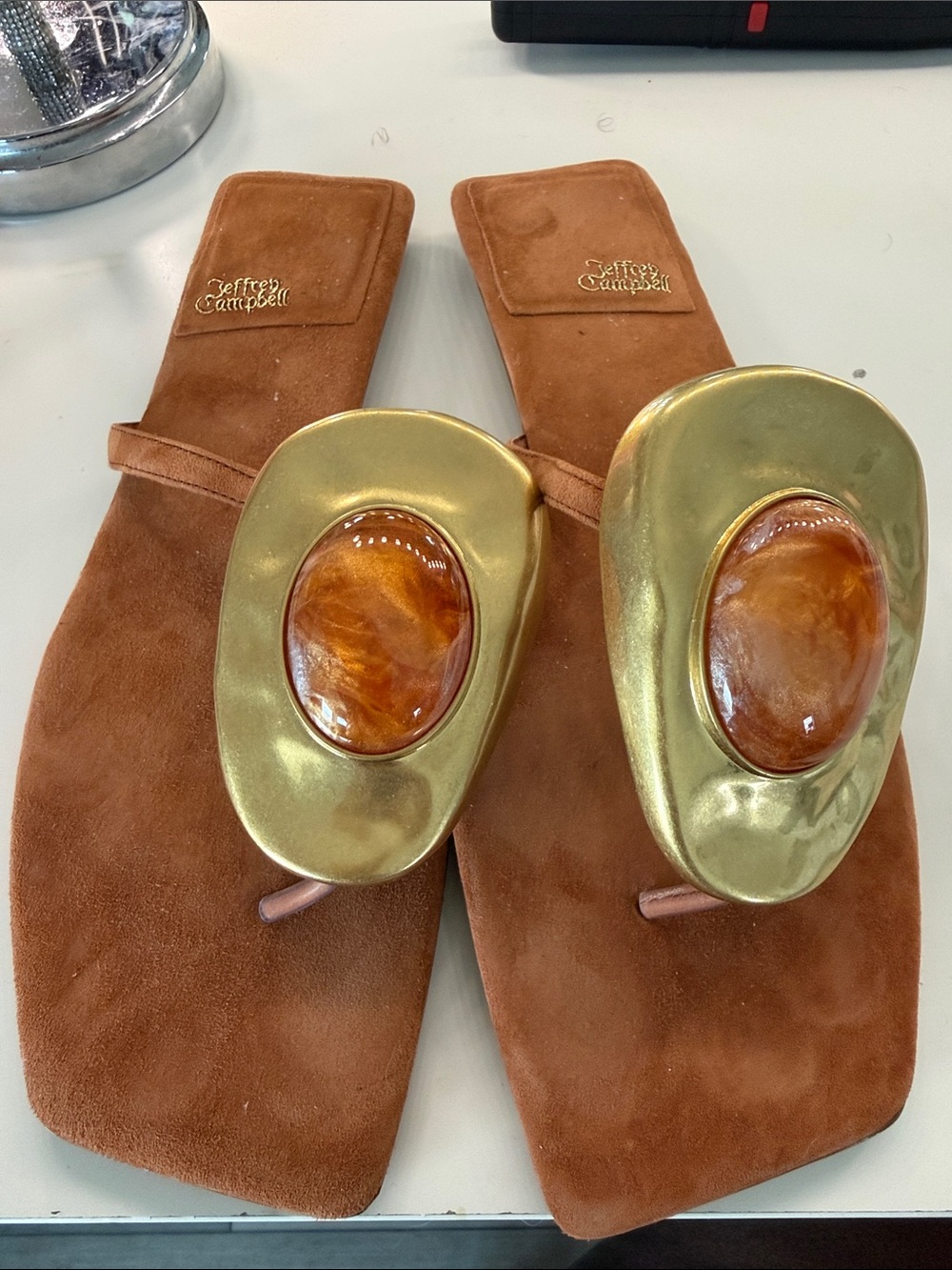 New! Jeffrey Campbell Brown Suede Slides with Gold Medallions and Amber Stones - Picture 1 of 2